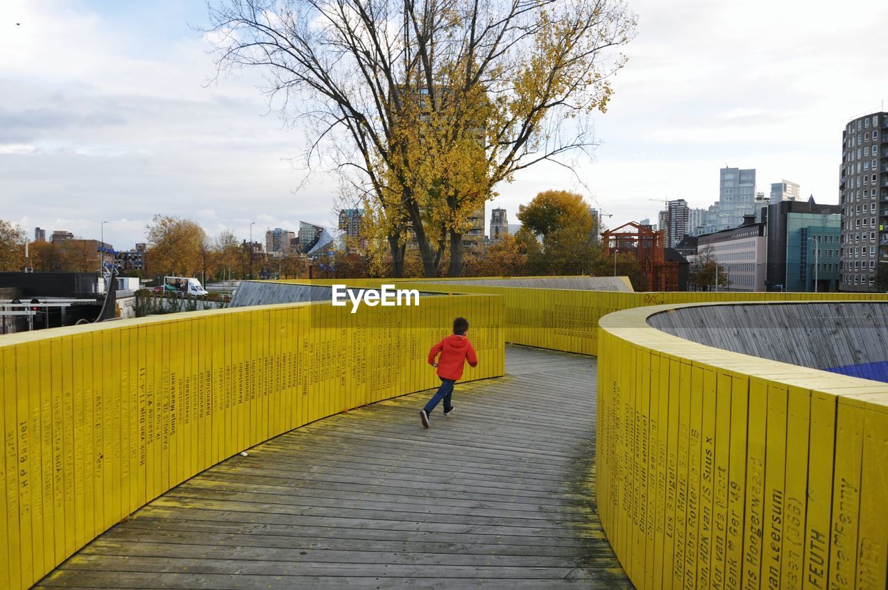 Rear view of boy running on railing against sky