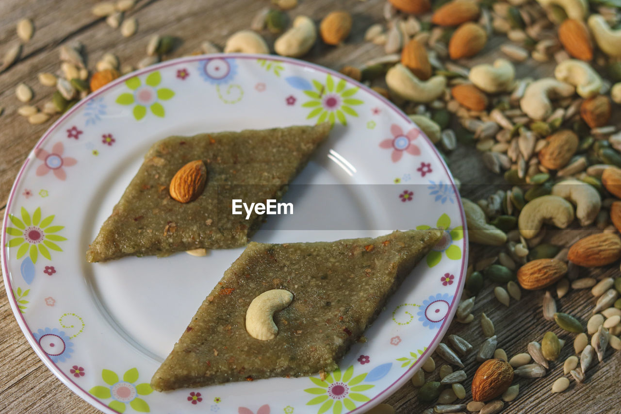 HIGH ANGLE VIEW OF BREAKFAST IN PLATE