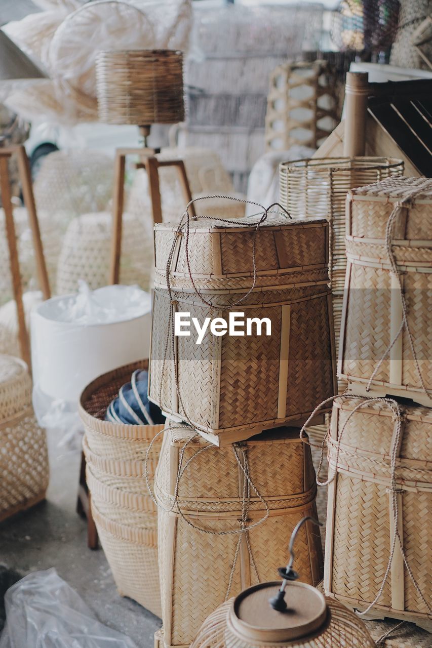 Variety of wicker baskets for sale in store