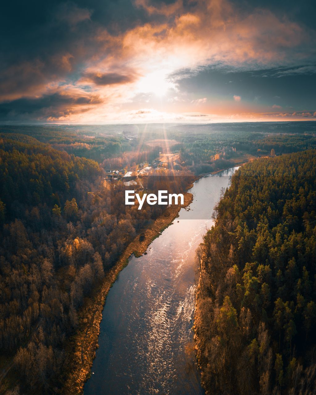 Scenic view of river in forest against sky during sunset