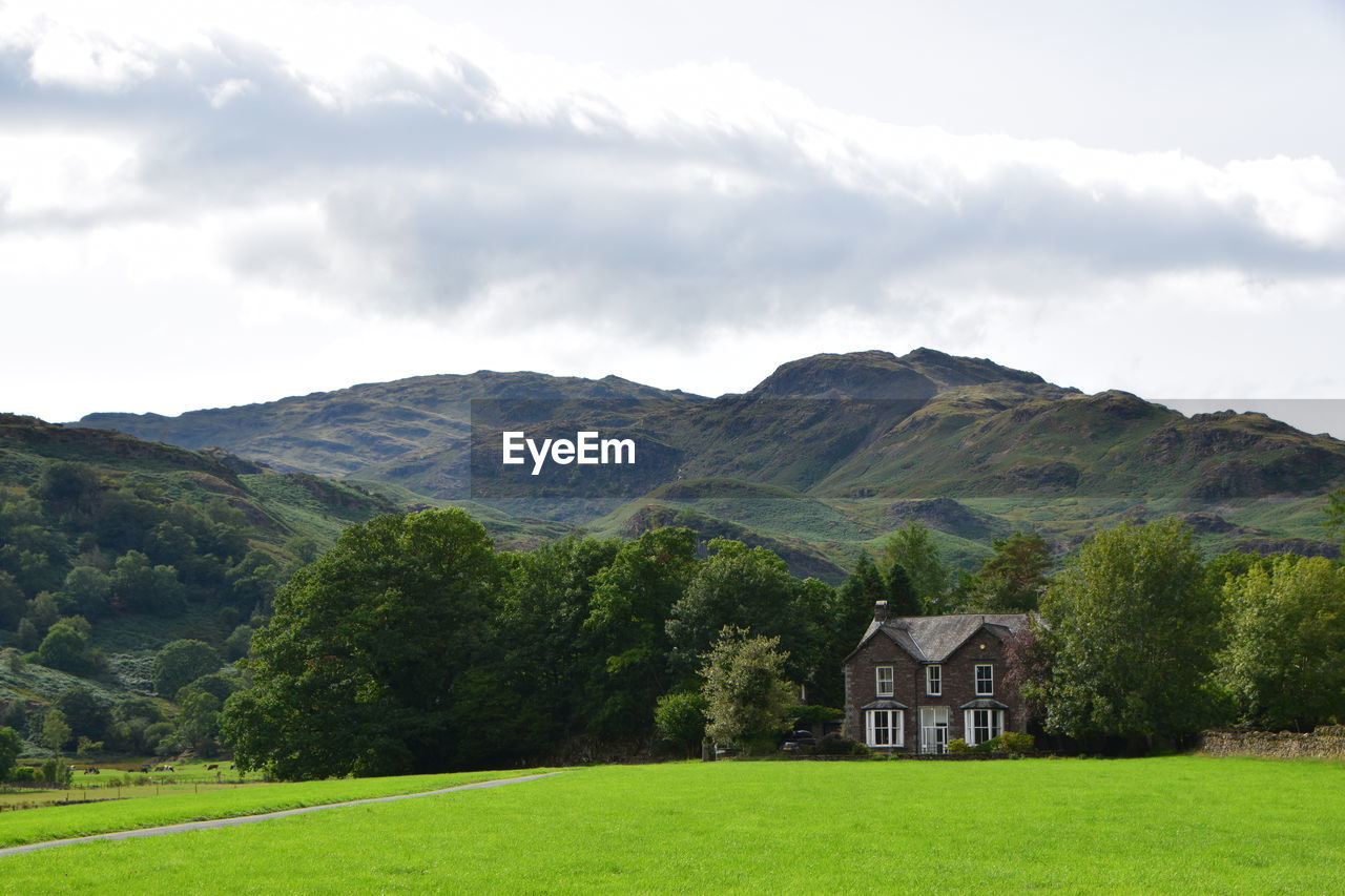 Scenic view of green landscape and mountains against sky