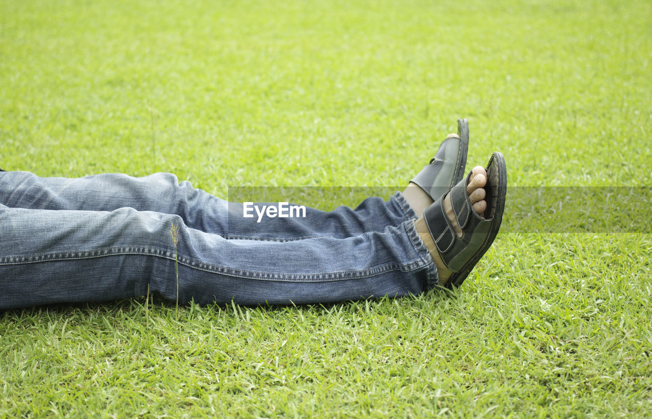 Low section of man lying on grass at park