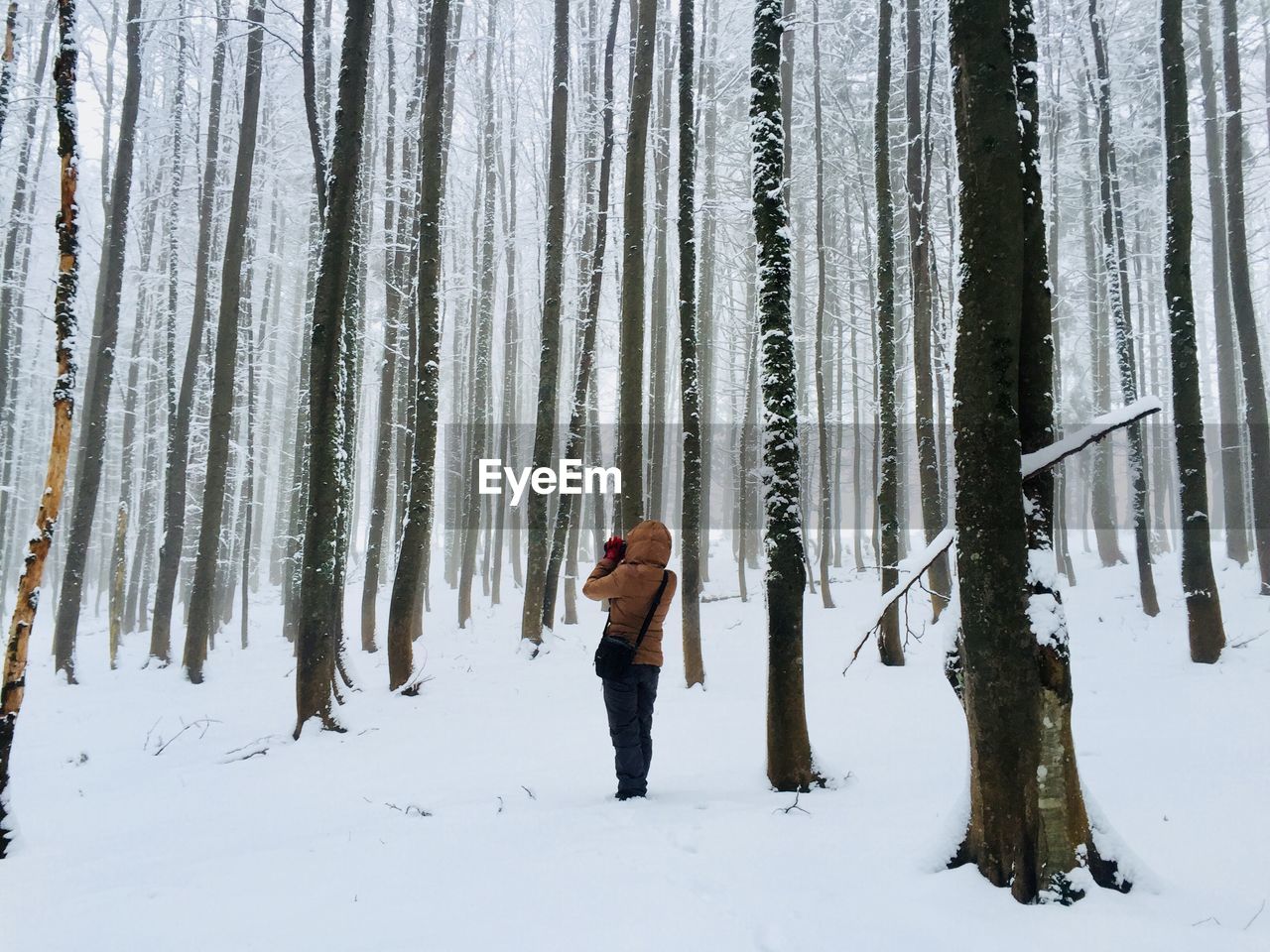 Full length of woman standing in snow covered forest