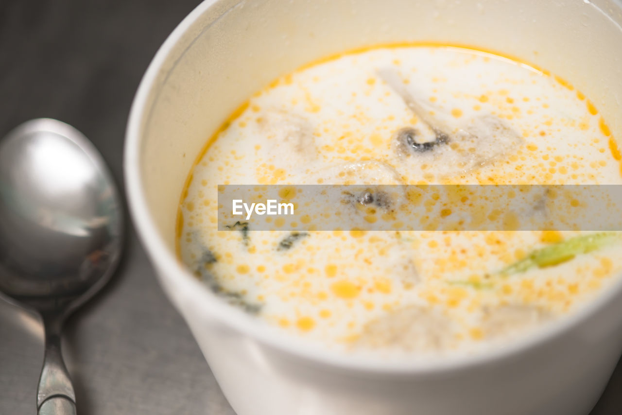 Close-up of mushroom soup in bowl