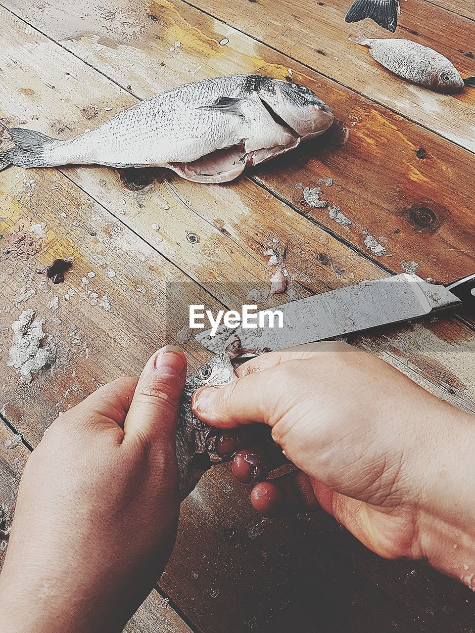 Cropped hand cleaning fish at table