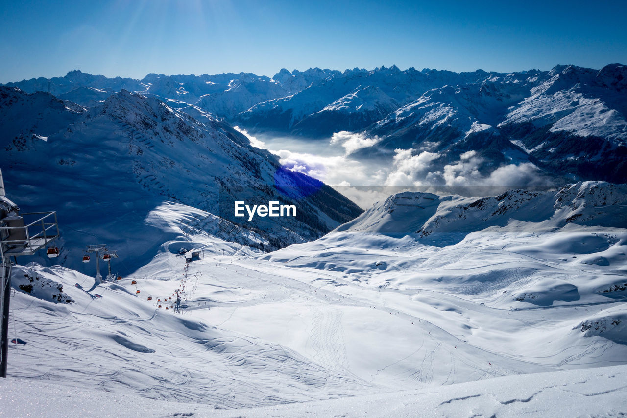 Scenic view of snow covered mountains against sky