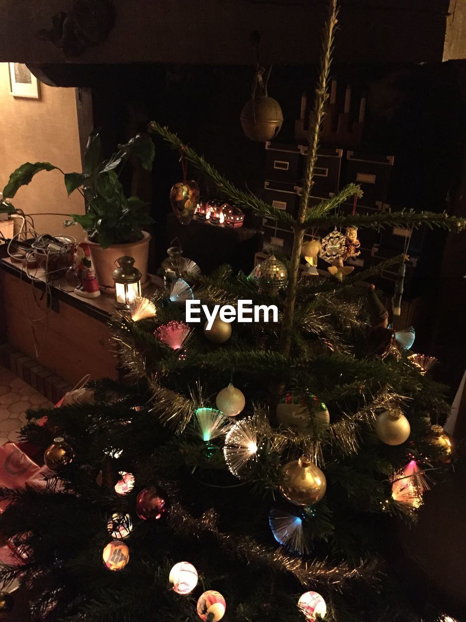 High angle view of decorated christmas tree at home