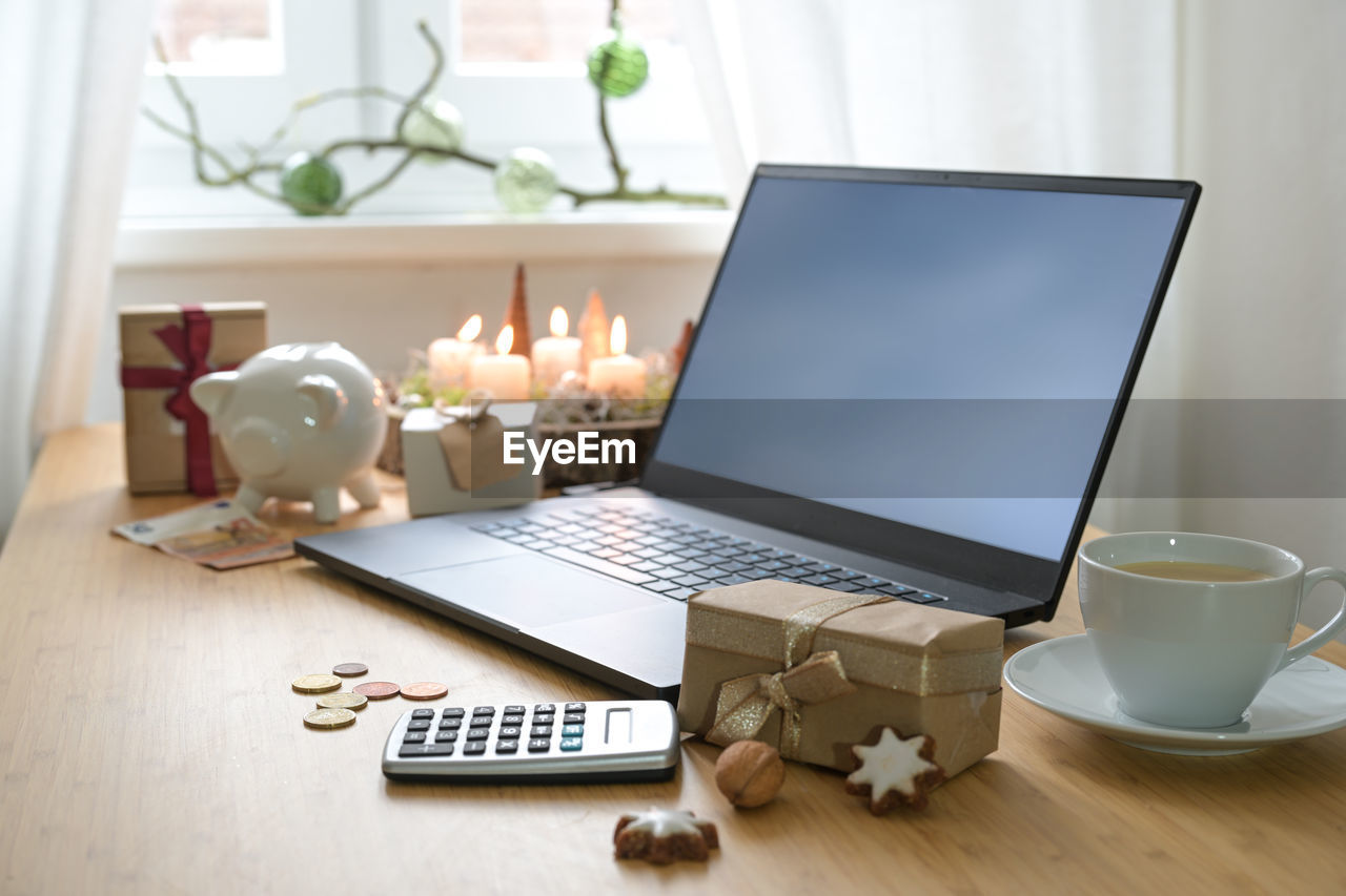 high angle view of laptop on table at home