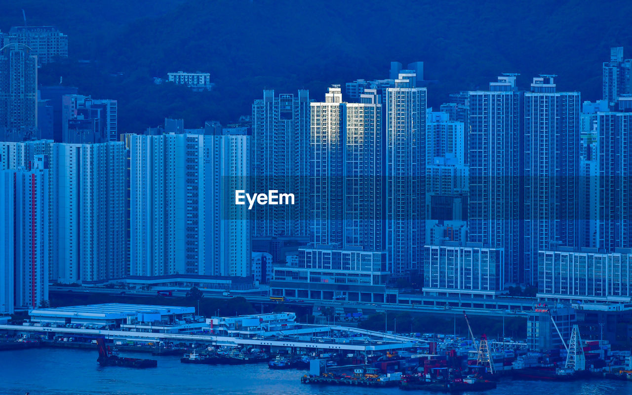 Modern buildings in city at night