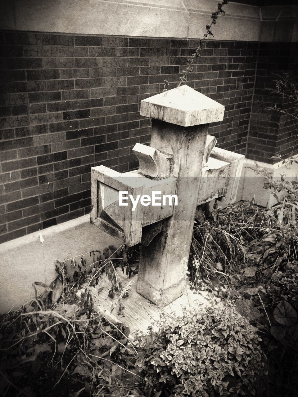 Stone cross amidst plants against wall