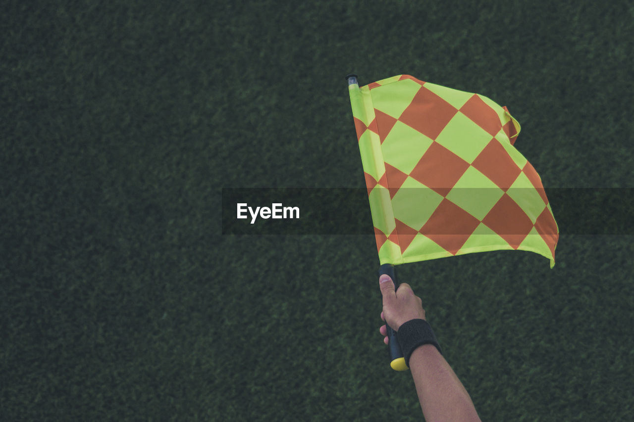 Cropped hand of man holding flag over grassy field