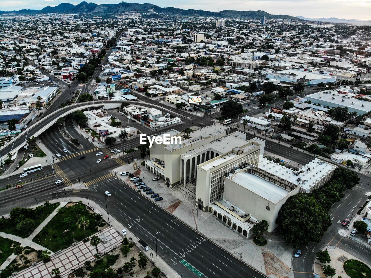 HIGH ANGLE VIEW OF CITY STREET AND BUILDINGS