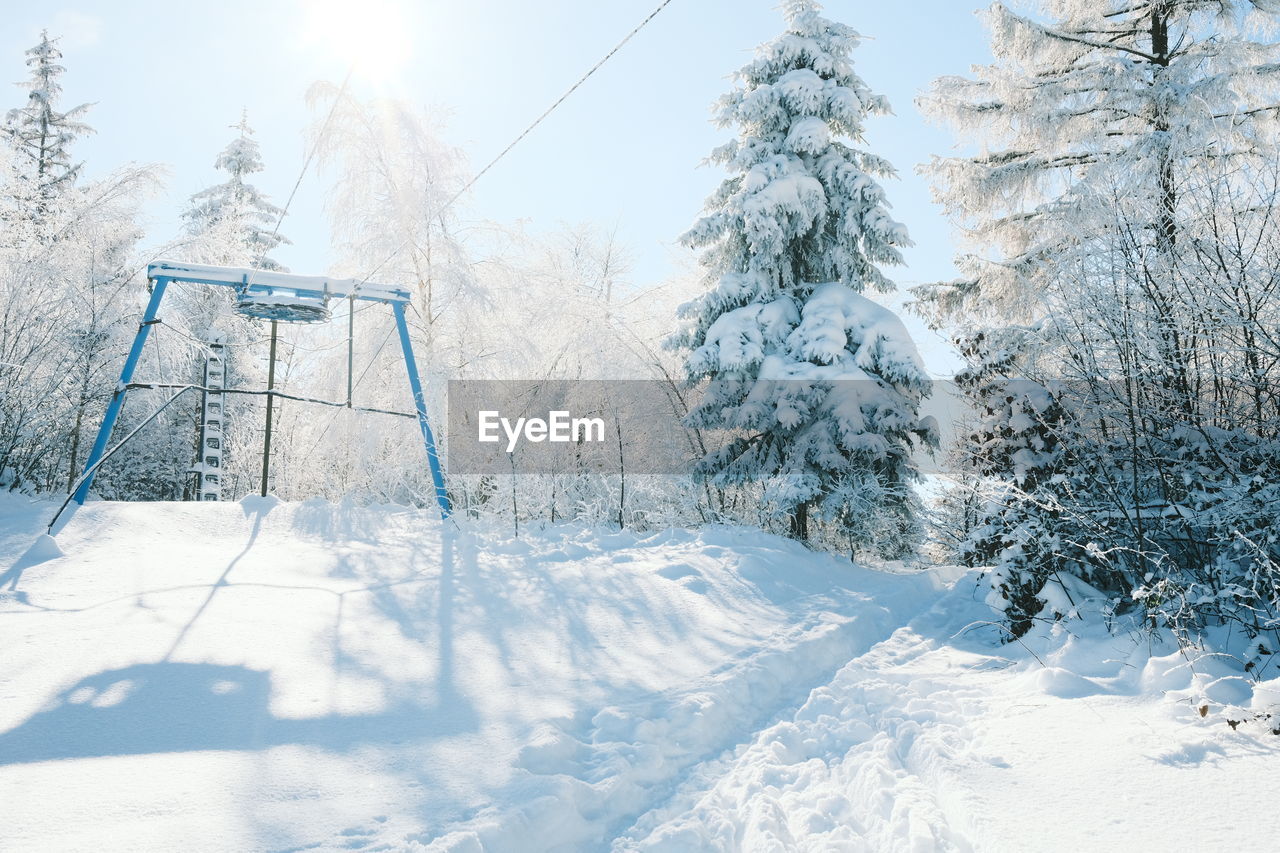 Snow covered field by trees