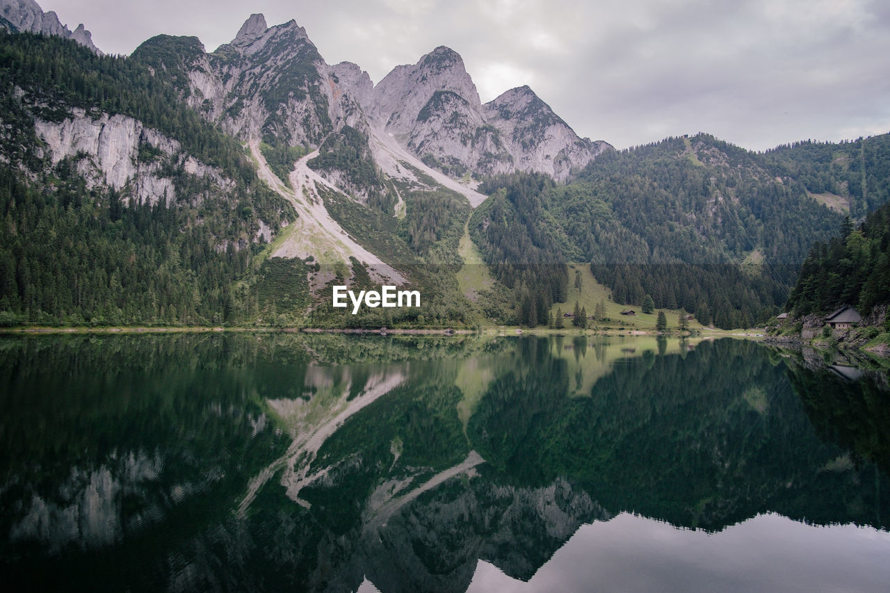 Scenic view of lake and mountains against sky