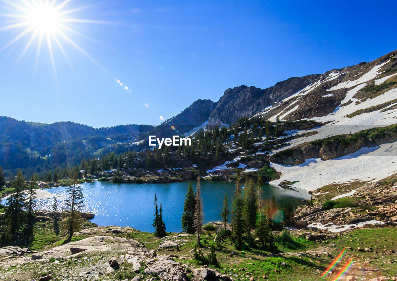 Scenic view of lake and mountains against clear blue sky