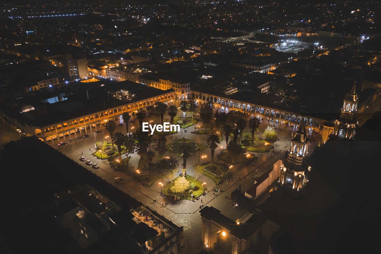 Aerial drone view of arequipa main square and cathedral church at night. arequipa, peru.