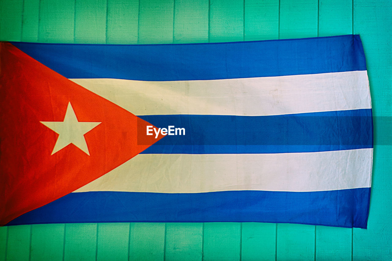 CLOSE-UP OF FLAG AGAINST BLUE SKY