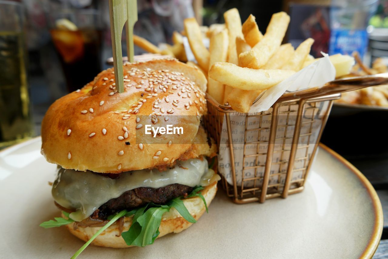 Close-up of burger in plate on table