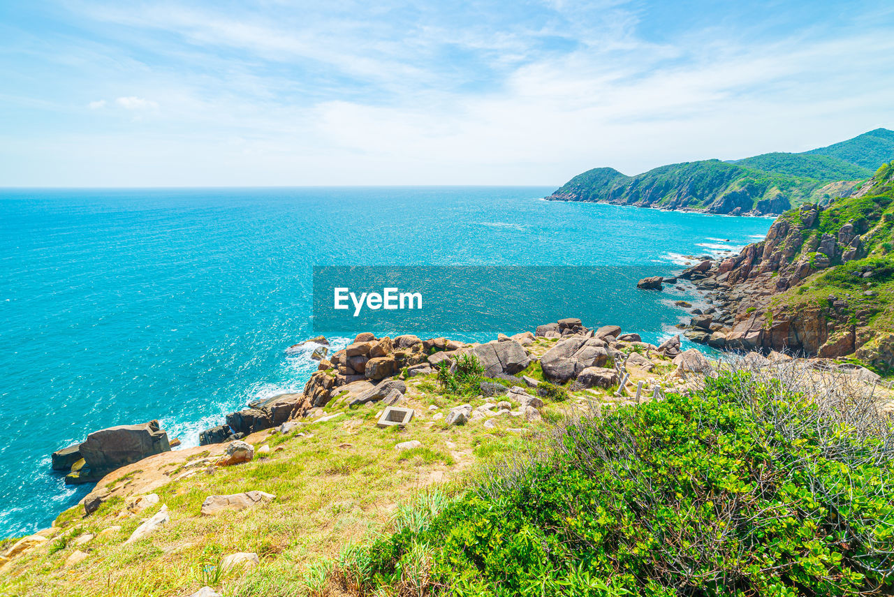 SCENIC VIEW OF SEA AND ROCKS AGAINST SKY