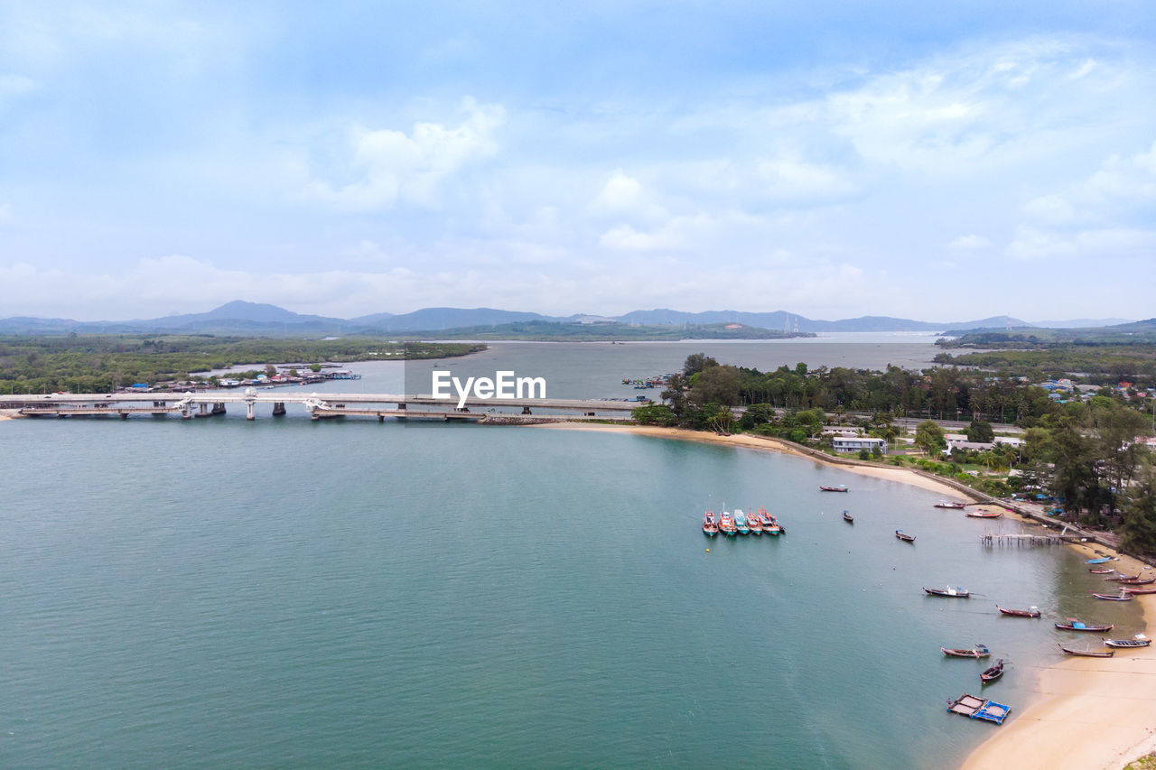 High angle view of boats in bay