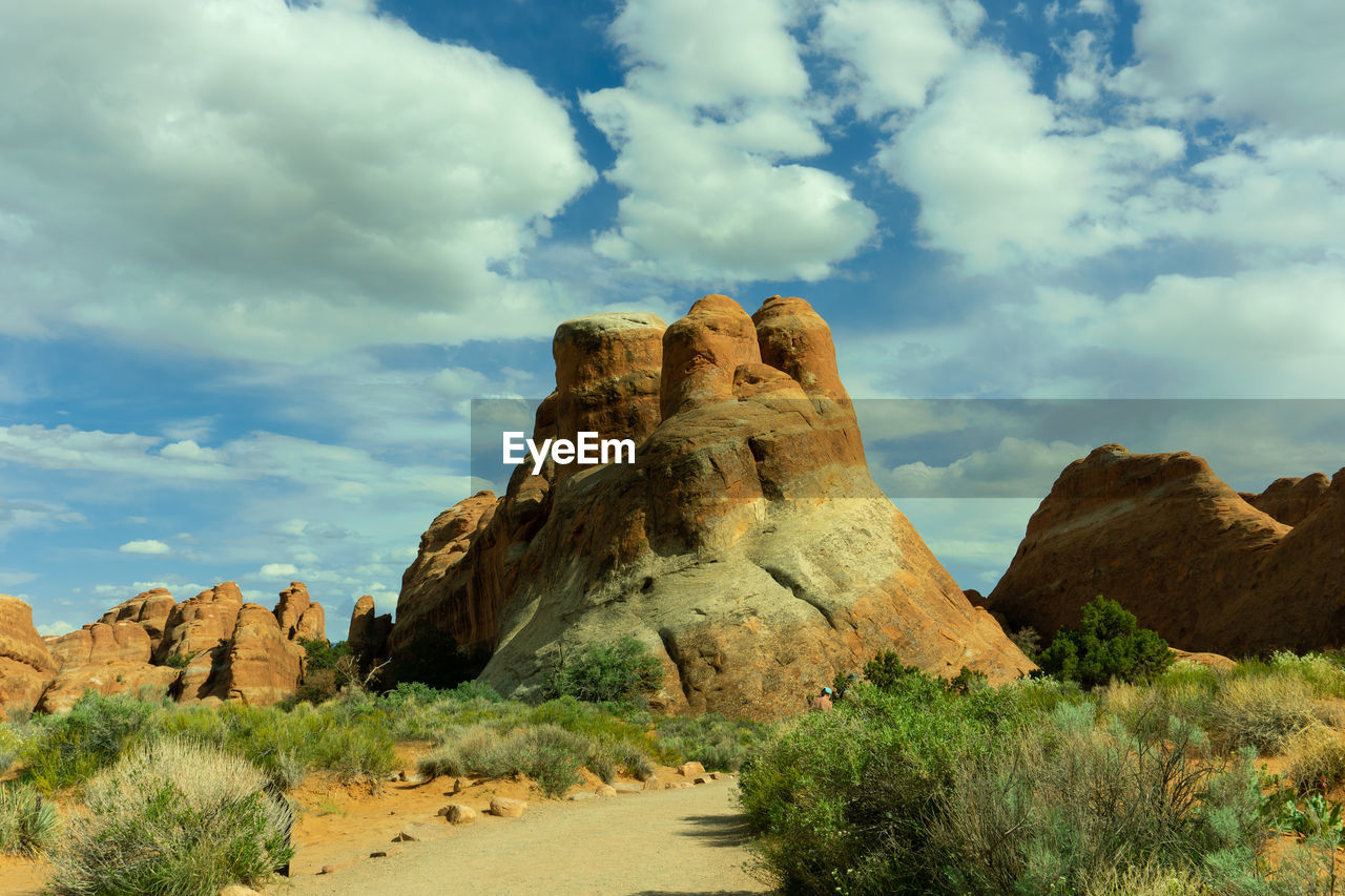LOW ANGLE VIEW OF ROCK FORMATIONS ON LANDSCAPE AGAINST SKY