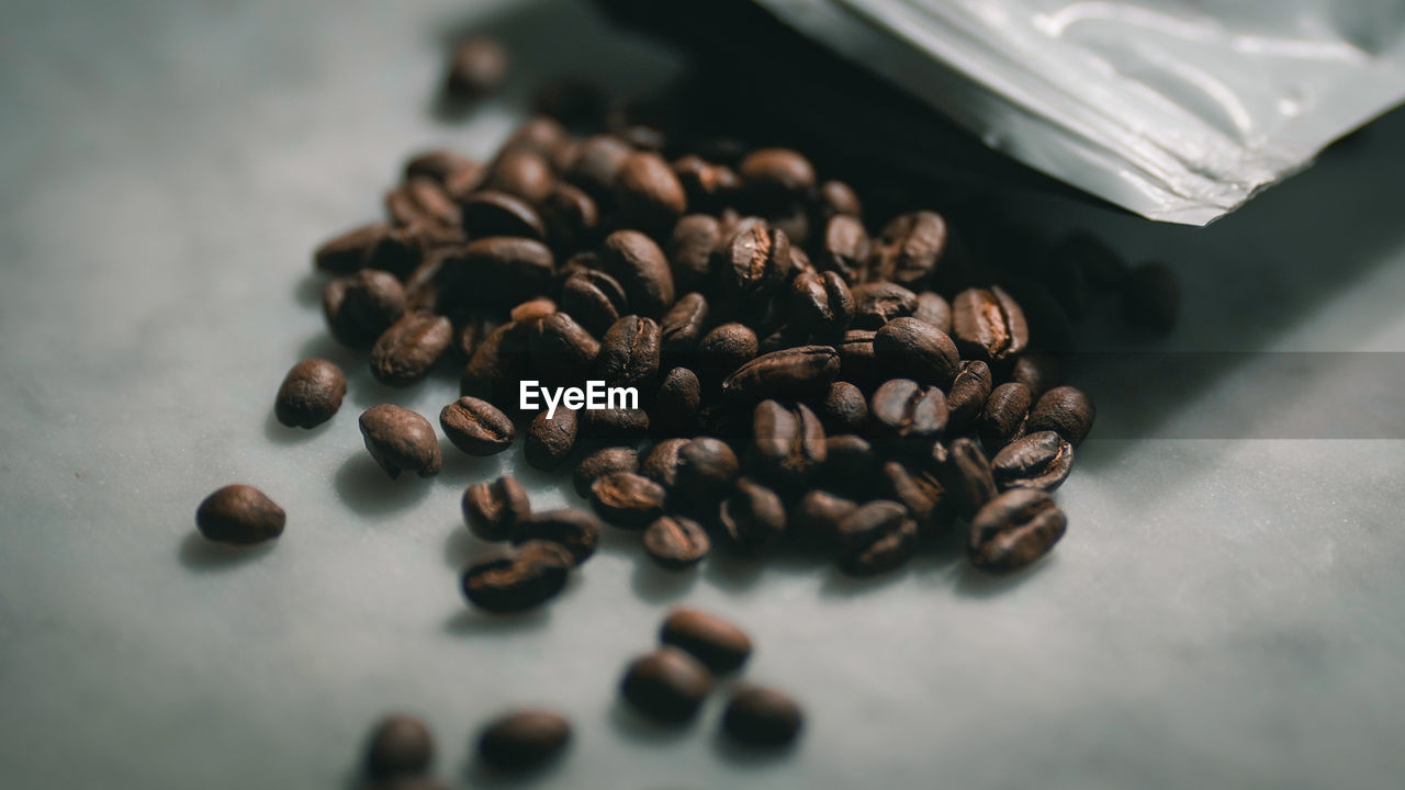 High angle view of coffee beans on table