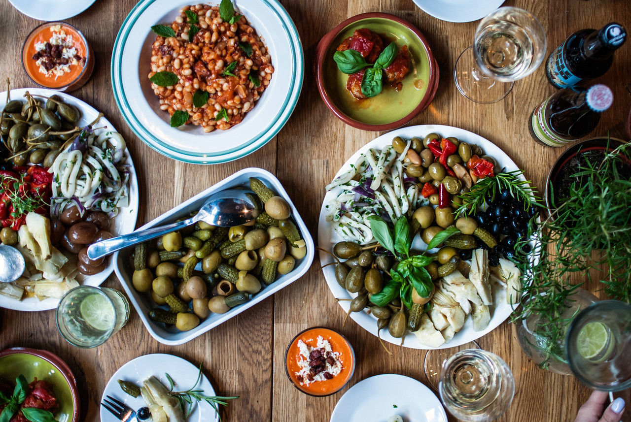 Directly above shot of food served on table