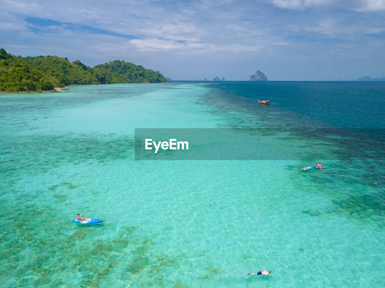 high angle view of people in sea against sky