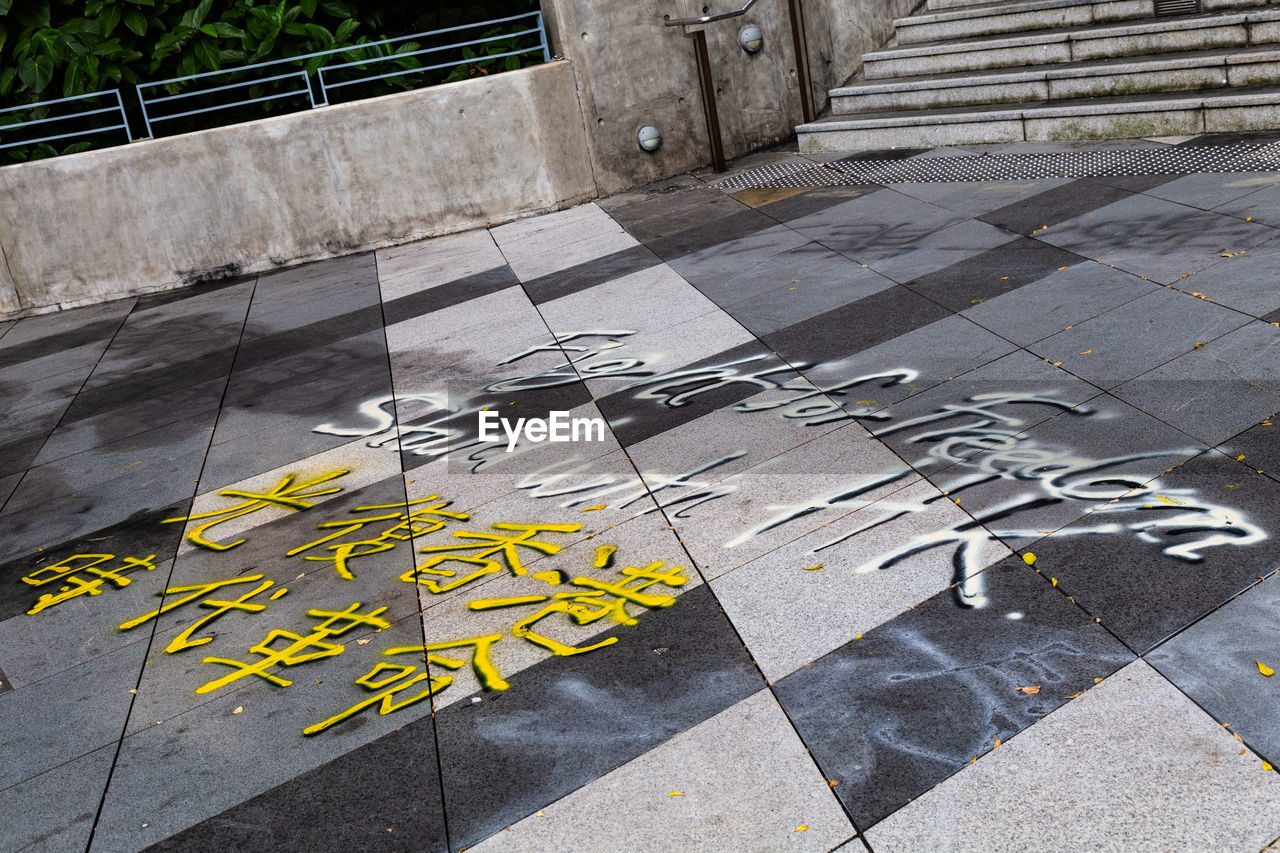 HIGH ANGLE VIEW OF TEXT ON FOOTPATH