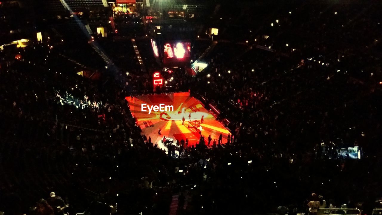 High angle view of basketball stadium at night