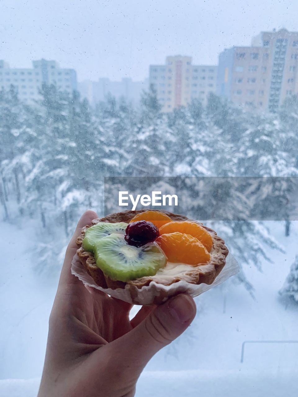 hand, cold temperature, holding, one person, snow, food and drink, winter, food, frozen, city, building exterior, architecture, fruit, nature, healthy eating, personal perspective, freshness, built structure, adult, day, leisure activity, outdoors, sweet food, wellbeing, lifestyles, ice, landscape, sweet, women