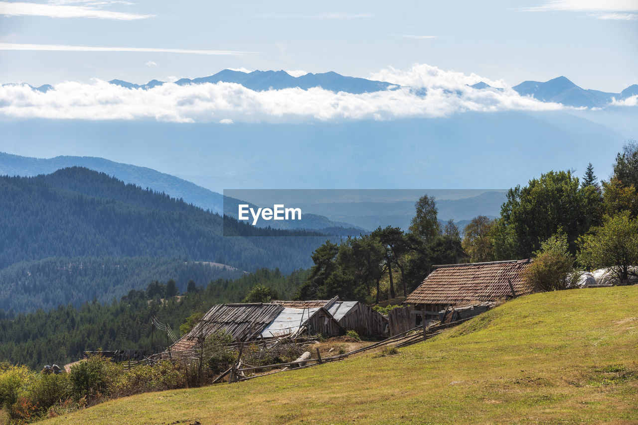 Scenic view of field by houses against sky