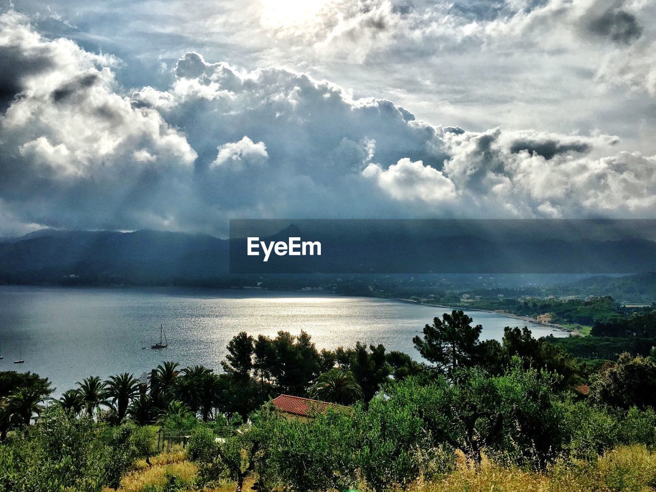 Scenic view of lake against cloudy sky