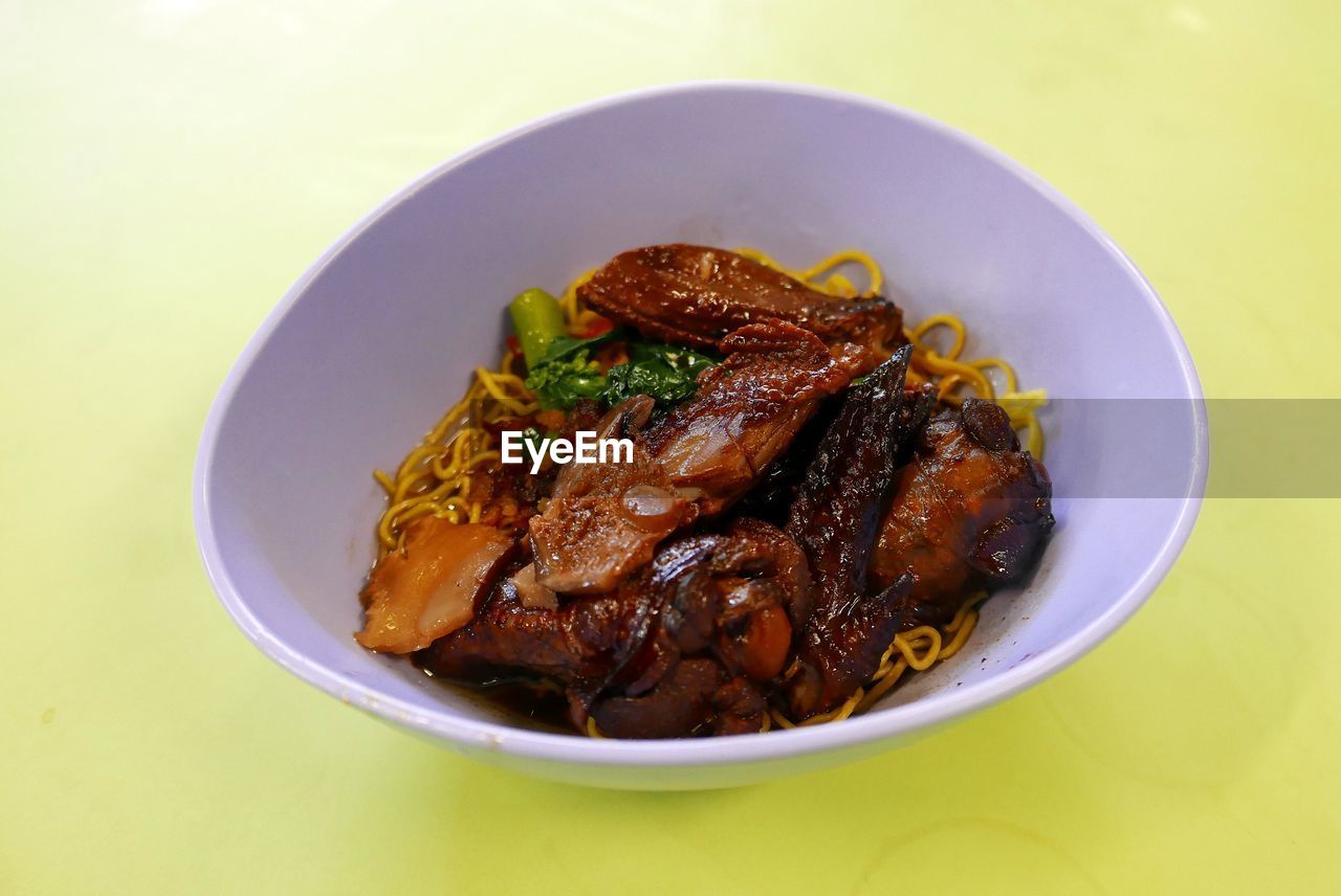 Close-up of meat served in bowl on table