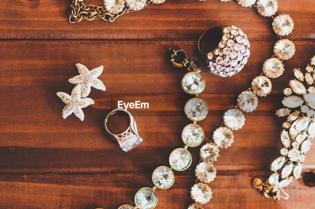 Directly above view of jewelry on table