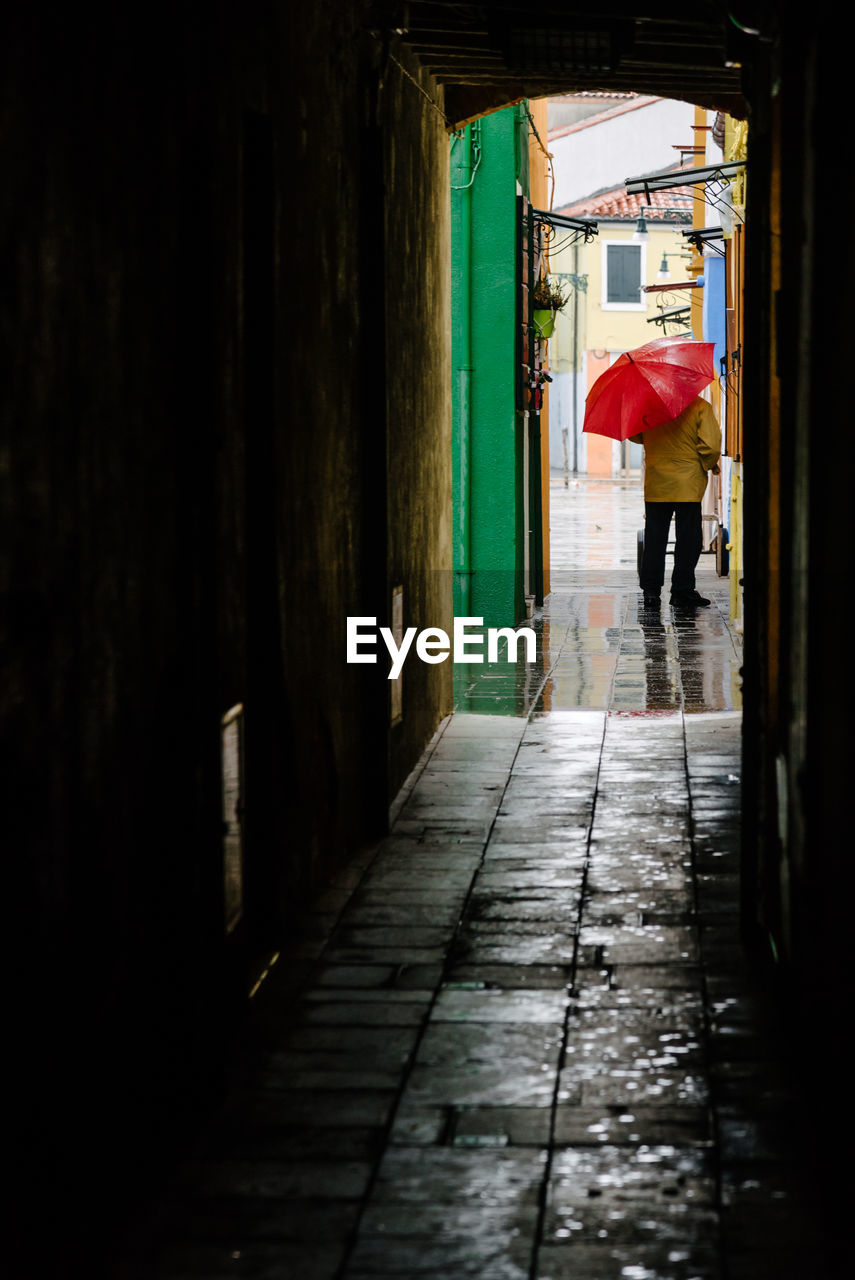 Rear view of person holding umbrella amidst buildings in alley