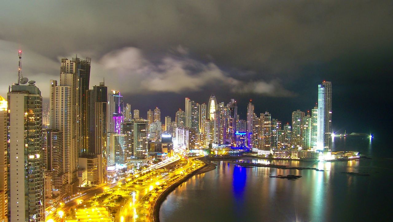 Waterfront cityscape at night