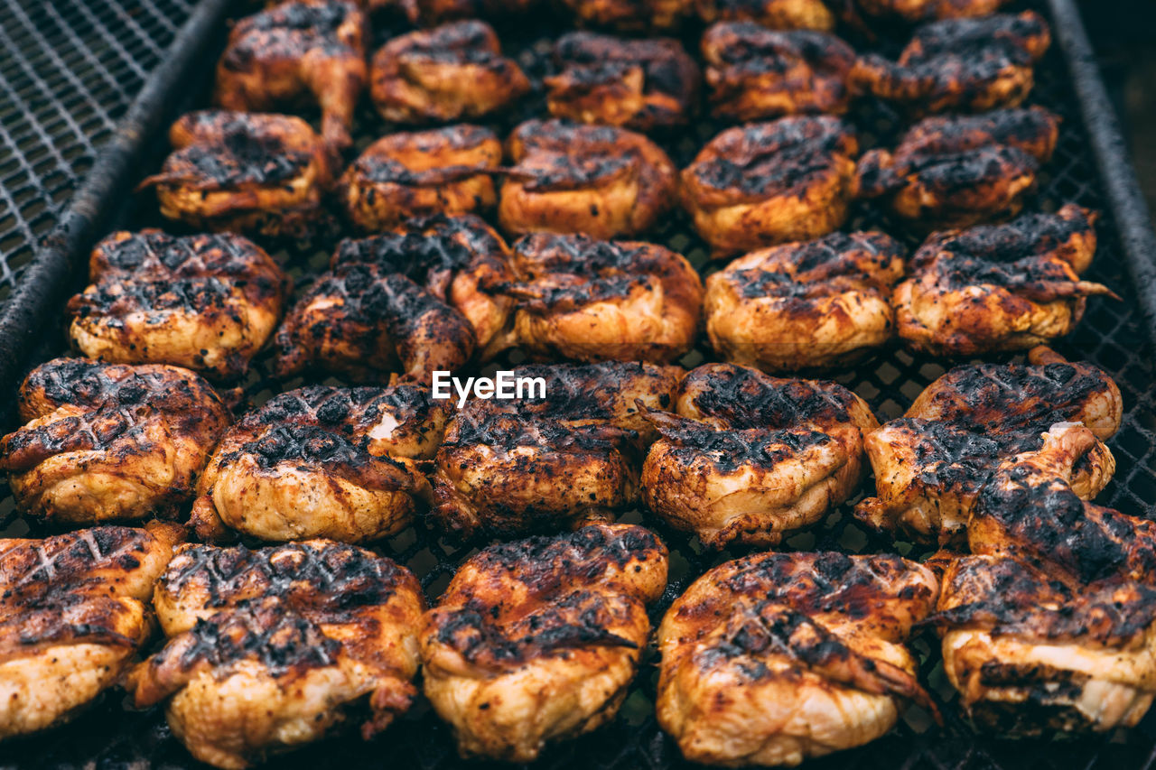 Close-up of meat on barbecue grill