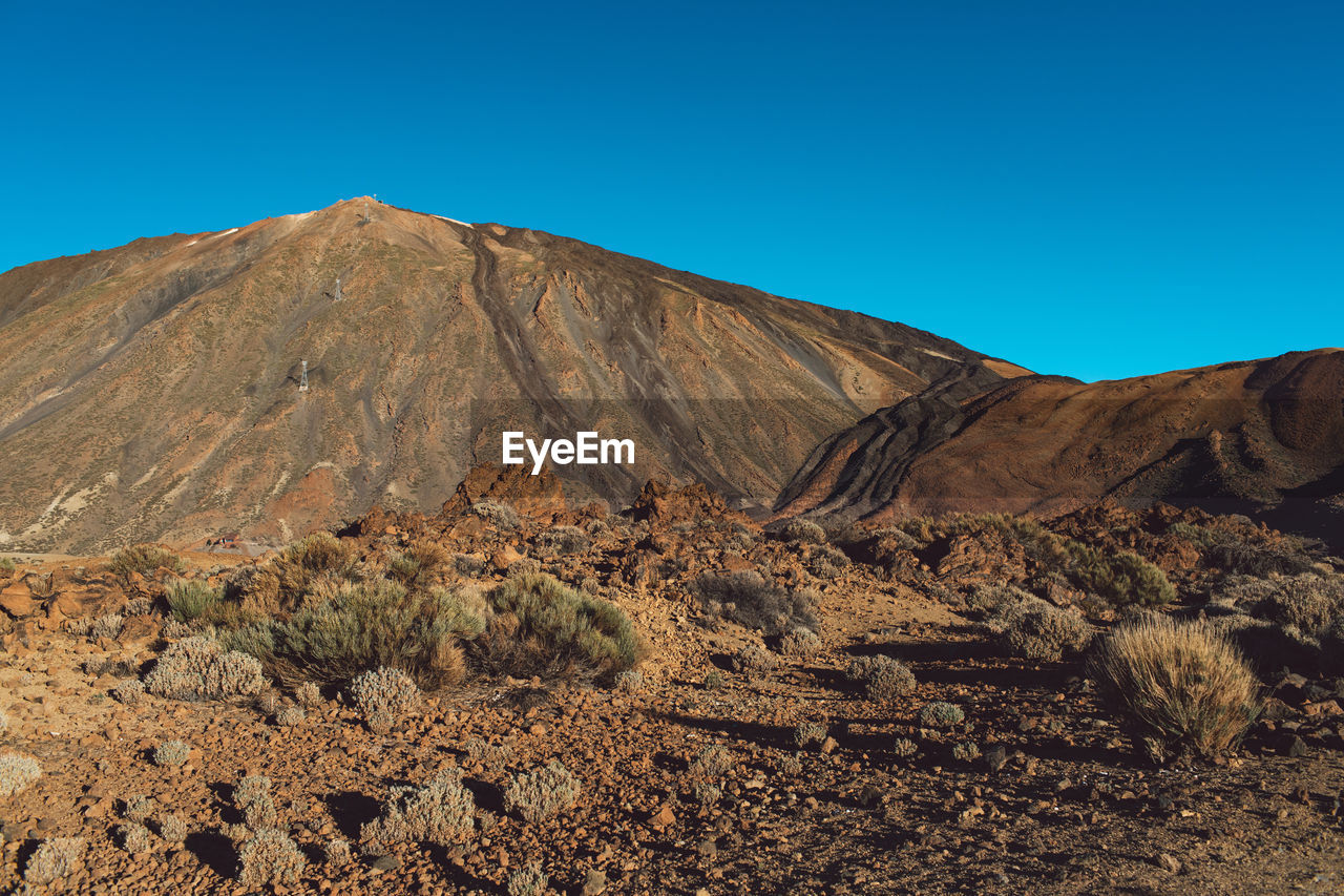 Scenic view of desert against clear blue sky