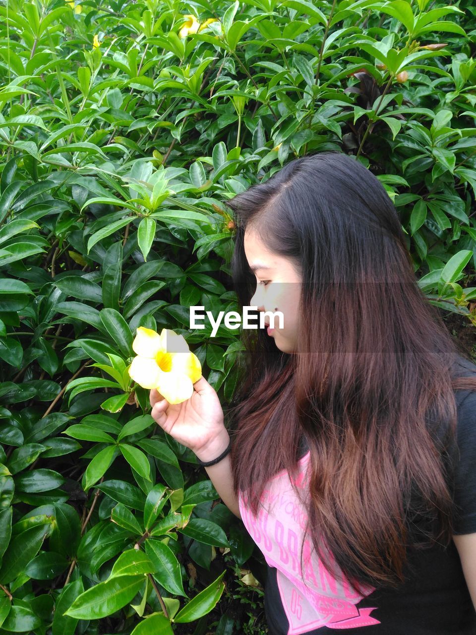 Young woman with long hair looking at flower by plants
