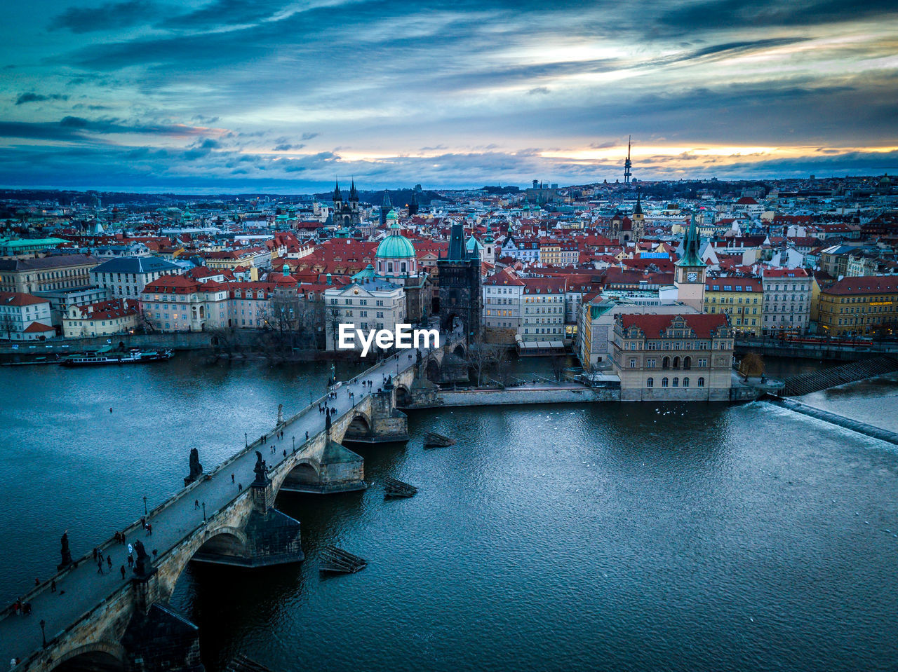 High angle view of city at waterfront