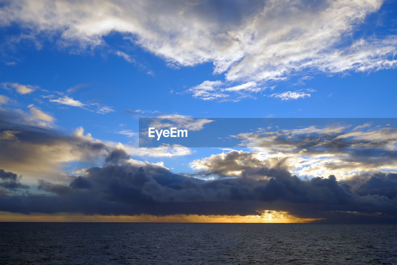 Scenic view of calm sea against cloudy sky