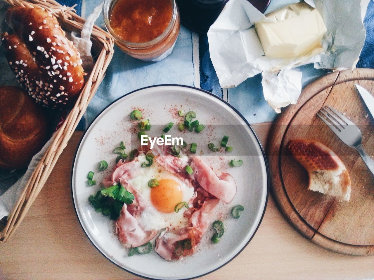 High angle view of breakfast in plate on table at home