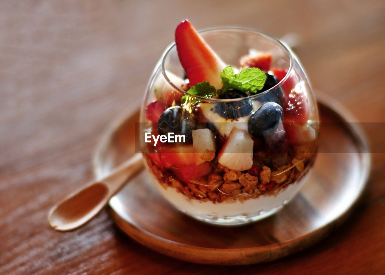 Close-up of breakfast served on table