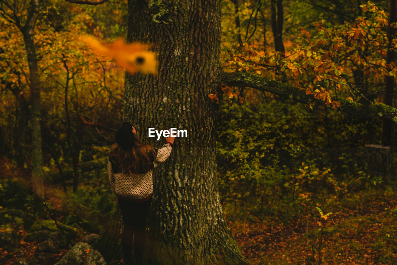 Rear view of woman standing by tree on field during autumn