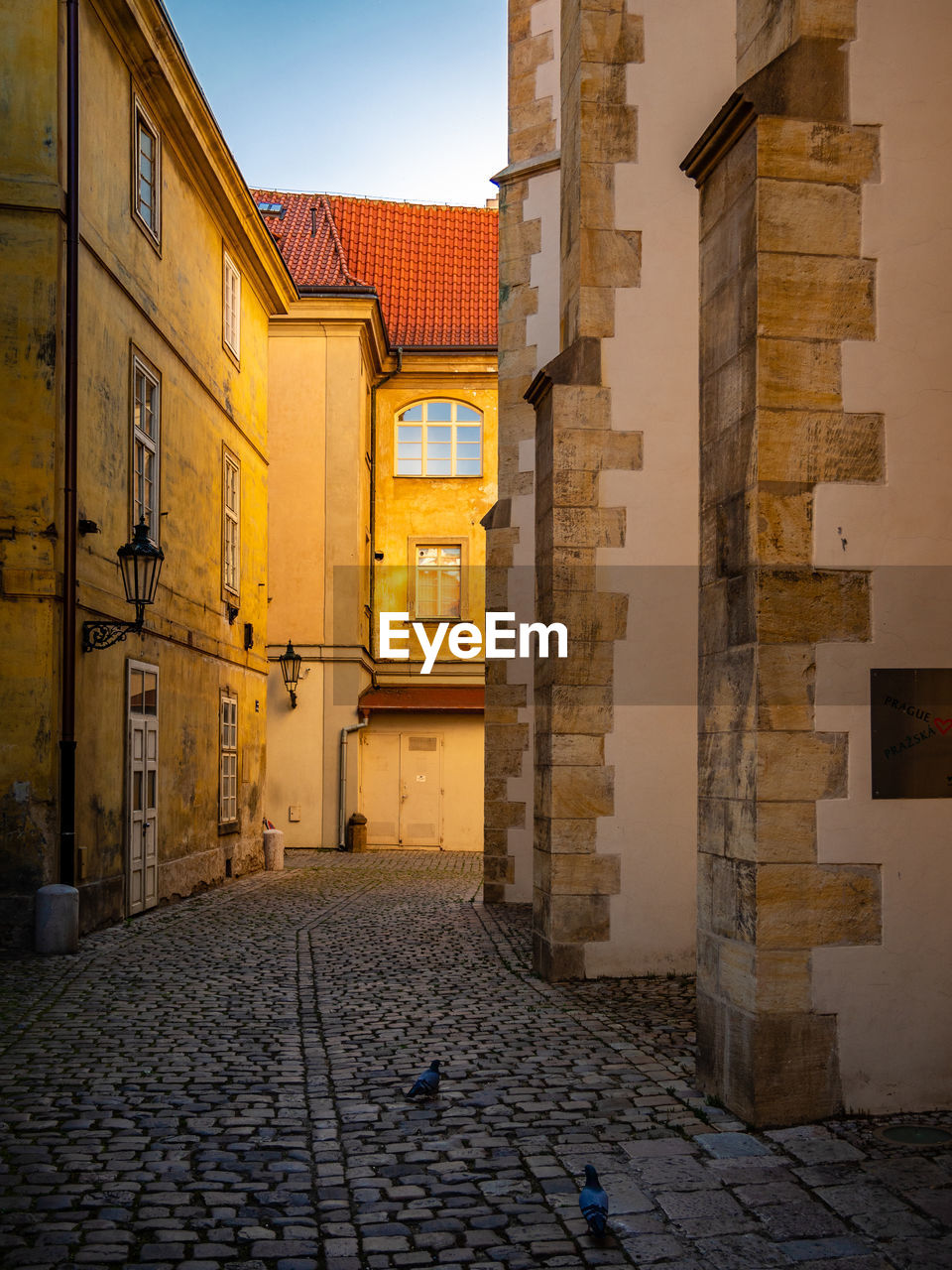 FOOTPATH AMIDST BUILDINGS AGAINST SKY