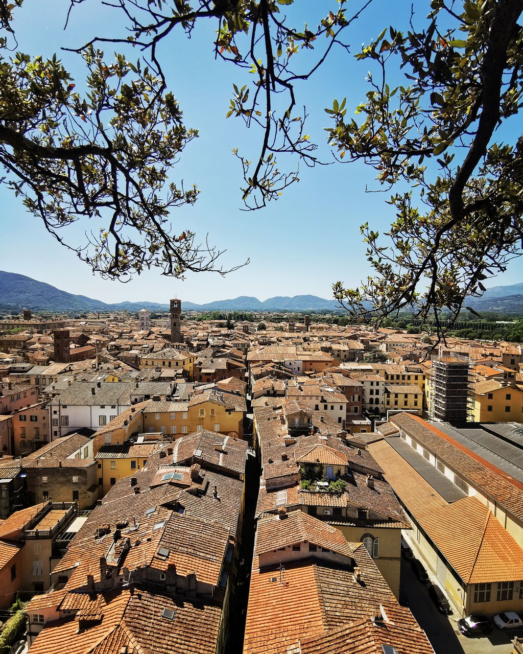 Aerial view of town against clear sky