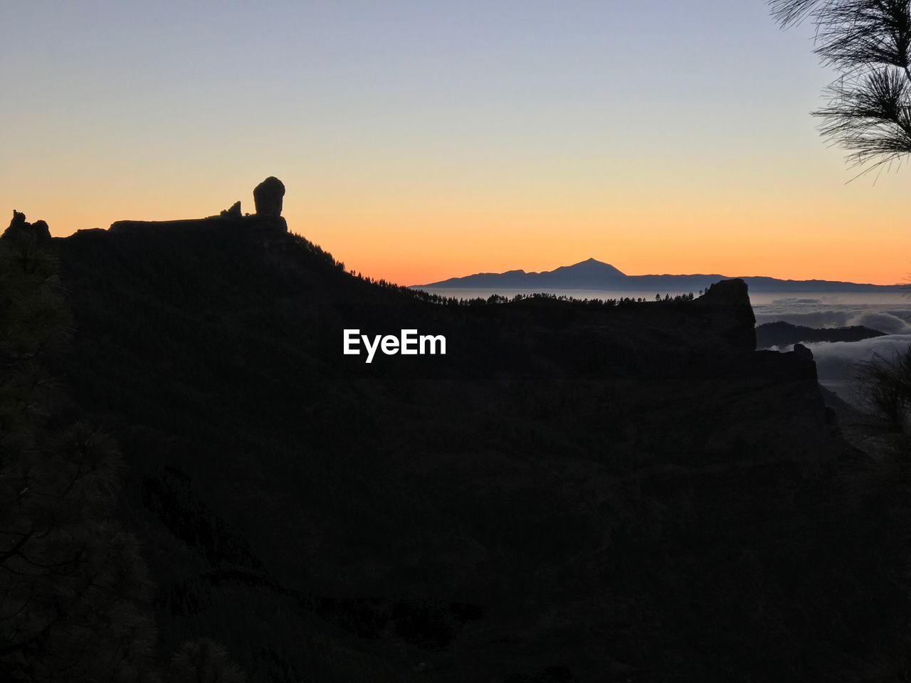 SCENIC VIEW OF SILHOUETTE MOUNTAIN AGAINST CLEAR SKY DURING SUNSET