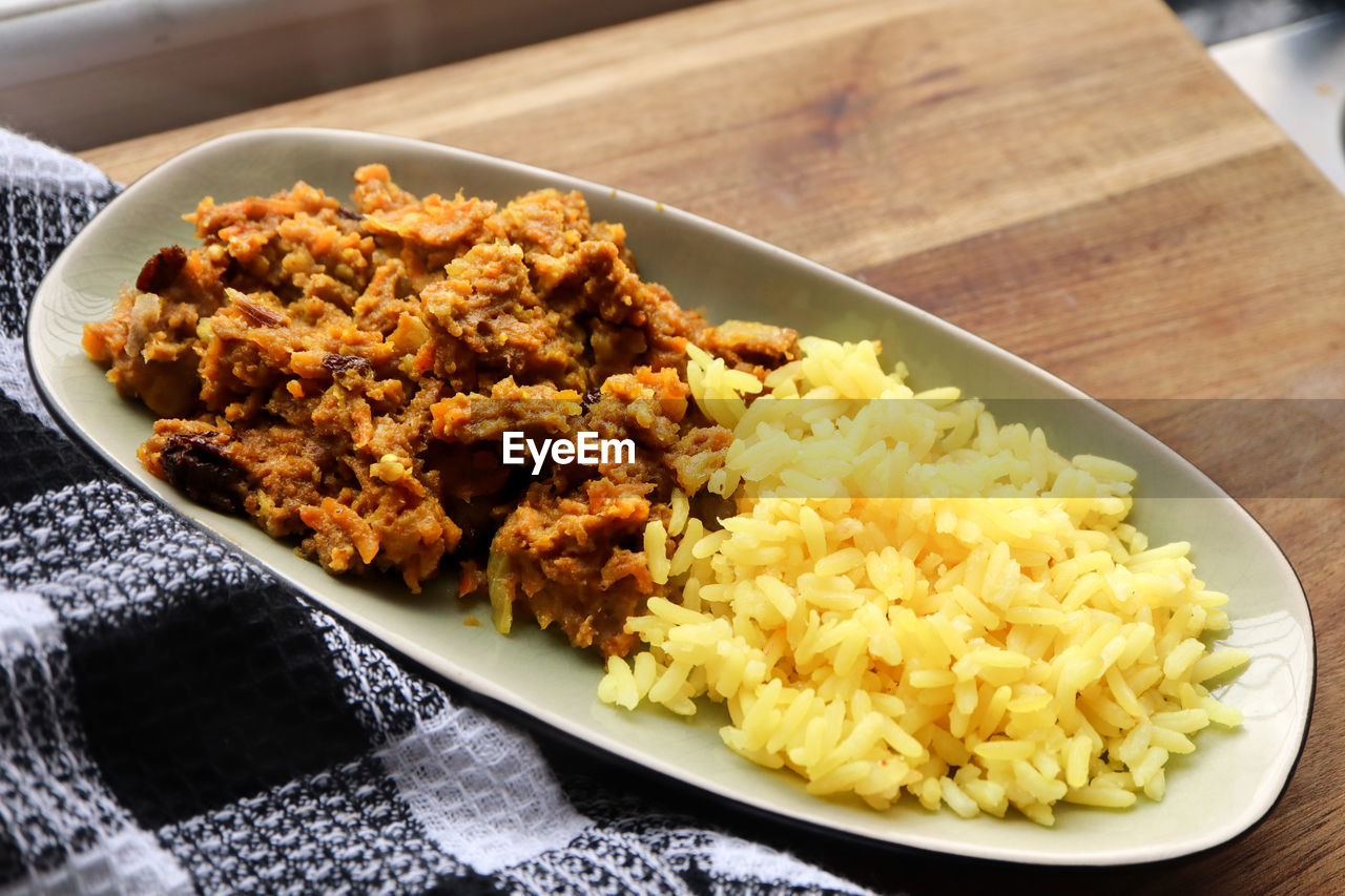 high angle view of food in plate on table