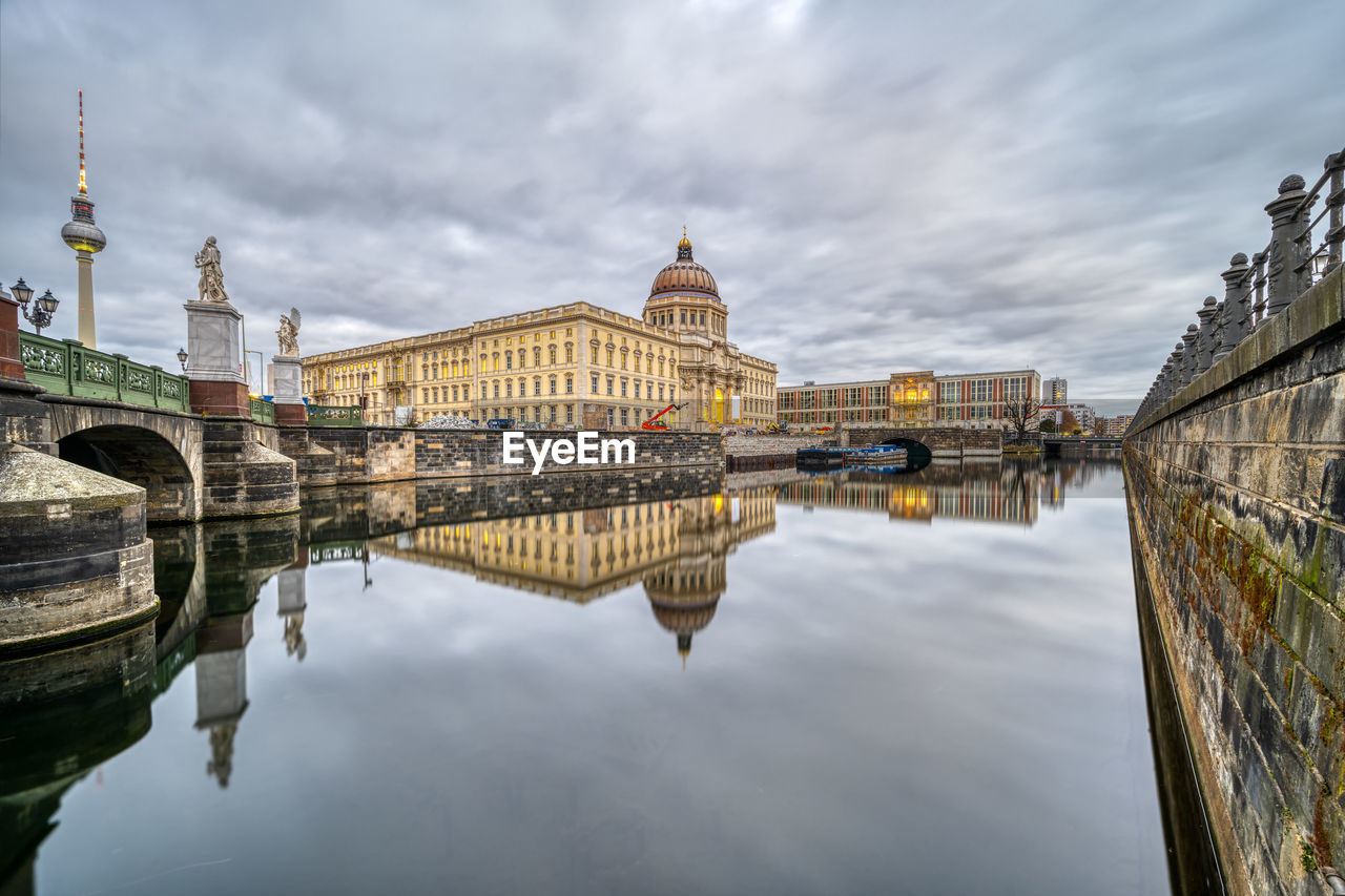 The reconstructed berlin city palace with the television tower at dusk